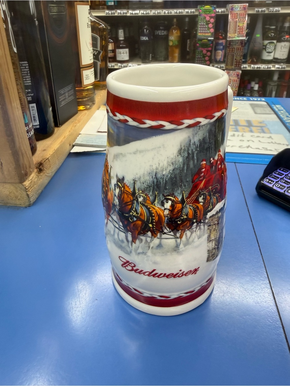 Budweiser Red, White and Brown Holiday Clydesdales Ceramic Stein